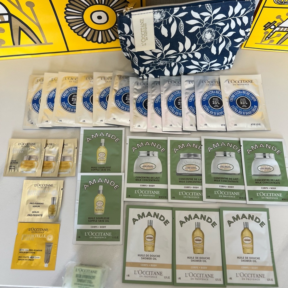 L'OCCITANE Navy Floral Cosmetic Pouch with Assorted Sample Packets